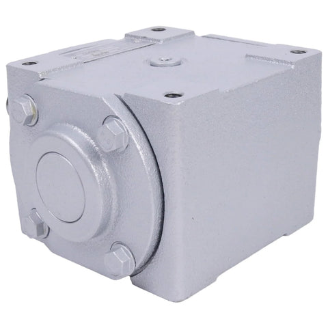 Holdia 40 HP right-angle bevel gearbox, front view, gray housing, 2 keyed shafts CW/CW, 1:1, 1800 Max RPM