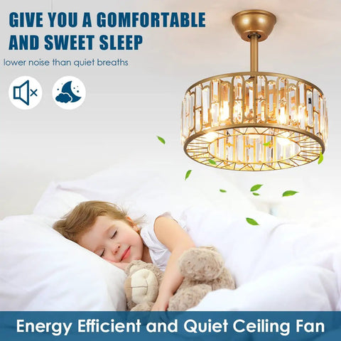 Child sleeping under Crystal Caged Ceiling Fan With Light Remote Control 18 Inch Fandelier Chandelier Gold Motor For A Luxe Vibe