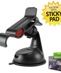 Universal Car Phone Mount Holder With Industrial Strength Sticky Gel Pad And Quick One Hand Release Cradle for Dashboard Windshield displaying a black suction mount.