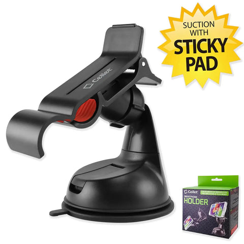 Universal Car Phone Mount Holder With Industrial Strength Sticky Gel Pad And Quick One Hand Release Cradle for Dashboard Windshield displaying a black suction mount.