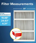 20x25x4 Air Filter MERV 11 MPR 1000 Micro Allergen Defense 4-Pack Fits Honeywell and Aprilaire HVAC Systems shown with size chart