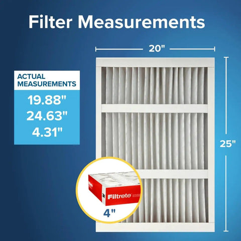 20x25x4 Air Filter MERV 11 MPR 1000 Micro Allergen Defense 4-Pack Fits Honeywell and Aprilaire HVAC Systems shown with size chart