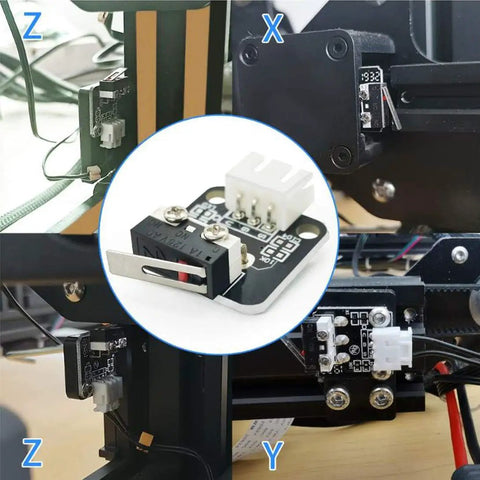 3D printer with 5 Pack 3 Pin End Stop Limit Switches for CR-10 Ender 3, NO NC Micro Switch Module installed on X, Y, Z axes