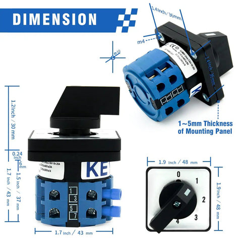 Rotary Changeover Switch Five Position Two Pole Eight Terminal Industrial Heavy Duty Selector Switch 660V 20A dimensions shown