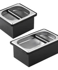 Built Like A Tank Stainless Steel Knock Box With Removable Interior Grounds Bin For Espresso Setups and Home Baristas Made For Busy Coffee Shops Without The Headache Featuring Durable Metal Construction, showing two views.