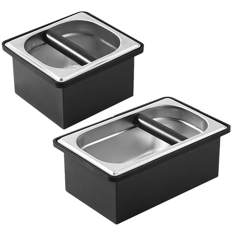 Built Like A Tank Stainless Steel Knock Box With Removable Interior Grounds Bin For Espresso Setups and Home Baristas Made For Busy Coffee Shops Without The Headache Featuring Durable Metal Construction, showing two views.
