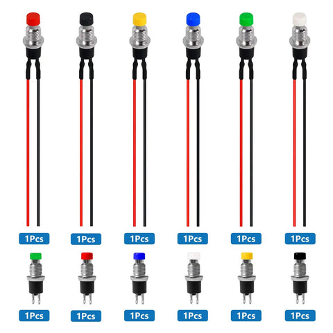 12 Pack Mini 7mm Momentary Push Button Switch Kit, 1A 250V SPST Normally Open, 2 Pin Terminals, 6 Prewired Round Push Buttons PBS 110, Perfect for DIY Projects Arcade Cabinets Controllers And Electronics. Colored mini metal push buttons with wires and 2-pin terminals