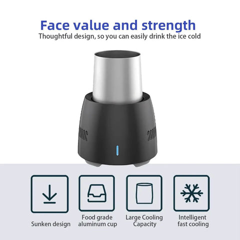 Super Portable Electric Freeze Mug And Quick Chill Cup For Ice Cold Beer Soda Canned Drinks Milk Or Coffee Compact Black Mini Chiller top view with aluminum cup design.