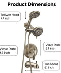 Matte Black Shower Faucet Set With Tub Spout And Handheld Shower Head Valve Included, dimensions highlighted in image