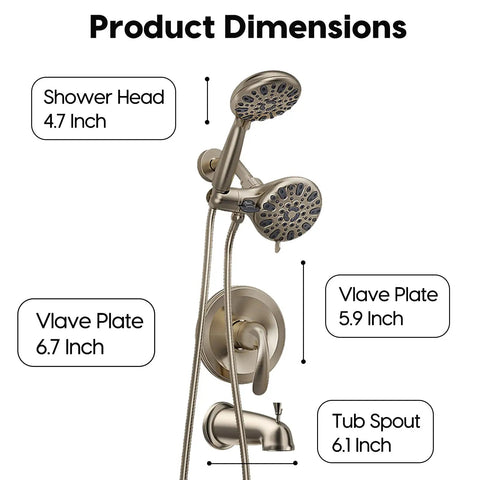 Matte Black Shower Faucet Set With Tub Spout And Handheld Shower Head Valve Included, dimensions highlighted in image