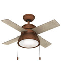 Loki Indoor Ceiling Fan With LED Light And Pull Chain, 36 Inch, Weathered Copper Finish, shown from below, blades and light visible.