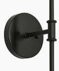 Close-up view of KSANA Modern Black Wall Scone Lighting Indoor with White Fabric Shade's round backplate and vertical stem in matte black.