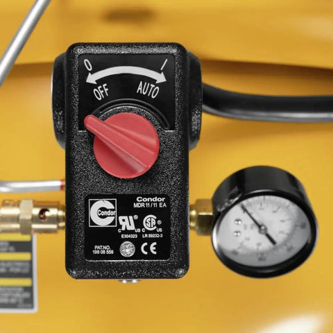 Close-up of control panel on 80 Gallon Vertical Air Compressor With 2 Stage Oil Lubricated Pump Heavy Duty Workhorse 240V