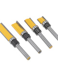 4 piece router bit set featuring carbide cutting heads for woodworking, ideal for engraving and trimming applications.