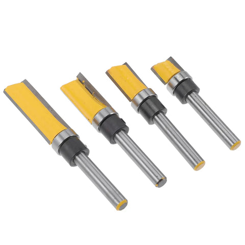 4 piece router bit set featuring carbide cutting heads for woodworking, ideal for engraving and trimming applications.