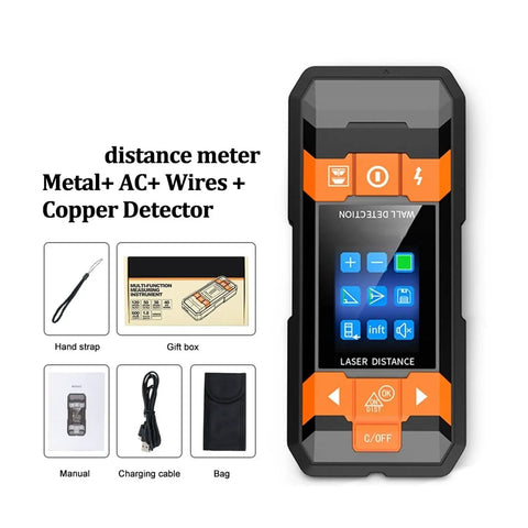 Pro Grade Digital Stud Finder And Wall Scanner Loaded With AC Wire Hunter Pipe Detector And Wood Moisture Meter, compact handheld tool.