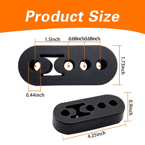 2 Pack Universal Exhaust Rubber Hangers With Four Hole Adjustable Brackets showing size dimensions, black rubber mounts