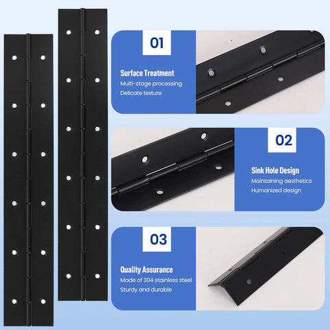 Built Different 4 Pack 4 Inch Heavy Duty Piano Hinges, Black Stainless Steel Continuous Joint, 2 Inch Open Width, showcasing sink hole design.