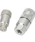 Grab This Beefy Pair Of 1/4 Inch NPT Flat Face Hydraulic Quick Couplers Made Tough Carbon Steel For High Pressure Worksite Rigging Rated 5076 PSI Boss Mode With Dust Caps To Lock And Seal Like A Pro On Any Job Site Grind., pair of 1/4 NPT flat face hydraulic quick couplers, carbon steel, with dust caps