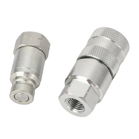 Grab This Beefy Pair Of 1/4 Inch NPT Flat Face Hydraulic Quick Couplers Made Tough Carbon Steel For High Pressure Worksite Rigging Rated 5076 PSI Boss Mode With Dust Caps To Lock And Seal Like A Pro On Any Job Site Grind., pair of 1/4 NPT flat face hydraulic quick couplers, carbon steel, with dust caps