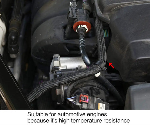 100 Ft 1/2 Inch PET Expandable Braided Cable Sleeve Black shown on automotive wires high temperature resistant