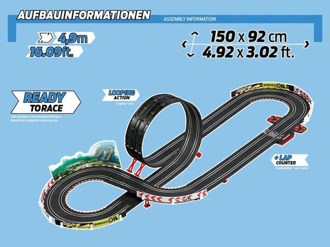Track layout of Carrera Mario Kart Go 62491 Electric Powered Slot Car Racing Set With Two Hand Controllers Featuring Mario Versus Luigi In 1 To 43 Scale Kid Friendly Family Racing Fun.