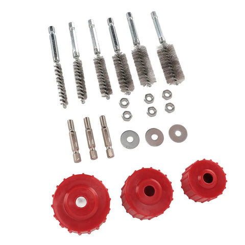 Power Drill Copper Pipe Cleaner Kit with stainless steel wire brushes, rods, washers, nuts, and hex shank for plumbing use