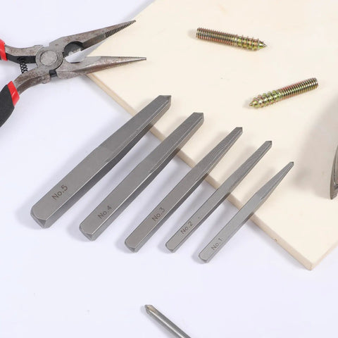 5 Piece Bolt Extractor Set For Damaged Screws And Broken Bolts, Straight Fluted Square Type Screw Extractors In 5 Sizes
