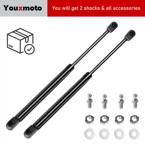 Pair Of 20 Inch Gas Struts 40 Lb Each For RV Side Door And Camper Cabinet Lift Supports with accessories shown