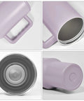 Close-up of 40 Oz Sublimation Tumbler With Detachable Handle 4 Pack Stainless Steel Insulated Water Bottle Travel Cup Matte Purple