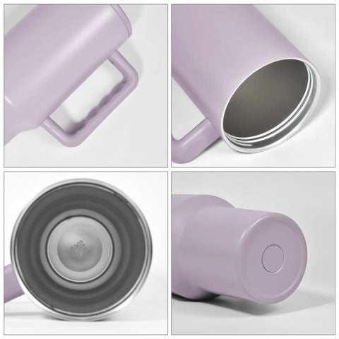 Close-up of 40 Oz Sublimation Tumbler With Detachable Handle 4 Pack Stainless Steel Insulated Water Bottle Travel Cup Matte Purple