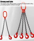Heavy Duty Four Leg Chain Sling With Adjustable Grab Hooks For Engine Hoist And Industrial Crane Gear Crafted From Tough G80 Alloy Steel, showing hooks and chains.
