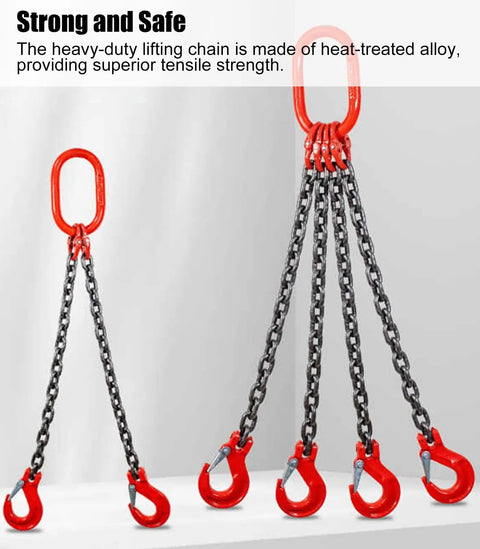 Heavy Duty Four Leg Chain Sling With Adjustable Grab Hooks For Engine Hoist And Industrial Crane Gear Crafted From Tough G80 Alloy Steel, showing hooks and chains.