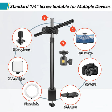 Overhead Desk Mount For Cameras And Webcams With Flexible Boom Arm And 360 Degree Ball Head One Quarter Inch Mount for multiple devices