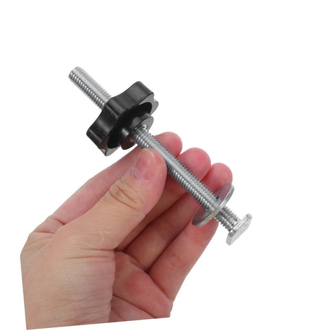 Heavy Duty Stainless Steel T Track Clamping Bolts Four Pack With Ergonomic Star Knobs Pro Woodworking Jig Hardware Sweet Locking Action, held in hand.