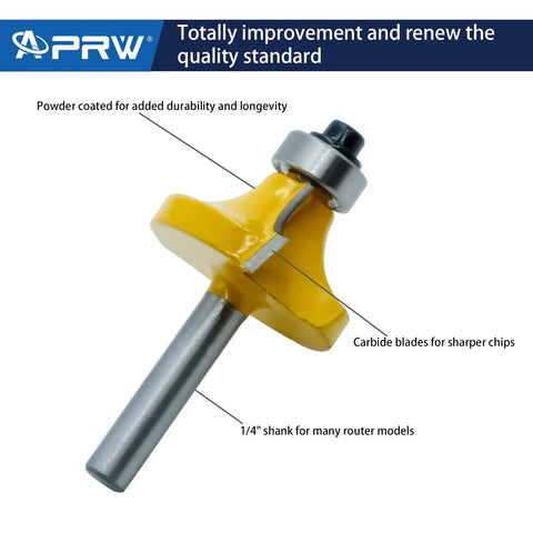 Close-up of Carbide Router Bit Set Twenty Four Piece With One Quarter Inch Shank, showing carbide blade and yellow coating.