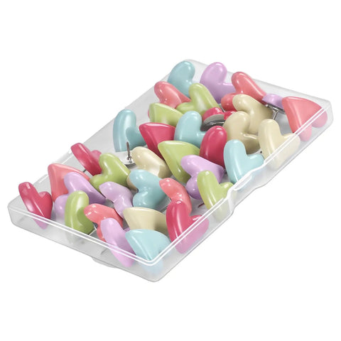 Thirty Piece Pack Of Rustproof Metal Veneered Heart Shaped Push Screws For Gallery Walls in colorful hues arranged in a clear container.