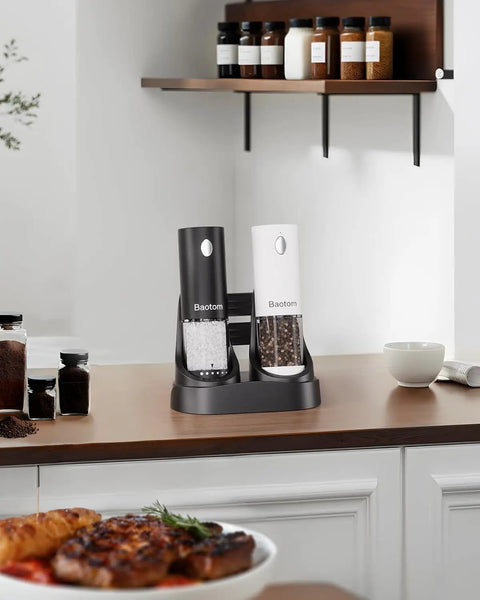Upgraded Electric Salt And Pepper Grinder Set With Dual Charging Base, Rechargeable Operation Eliminates Frequent Battery Replacement For Eco Friendly Convenience In Your Home Kitchen Setup Today on countertop.