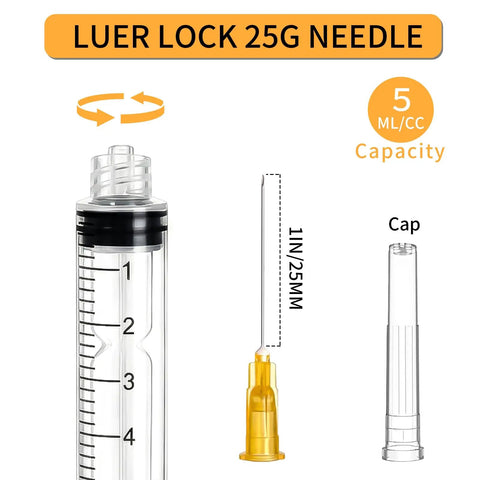 5ml Luer Lock Syringe Set With 25G 1 Inch Needle Individually Blister Sealed Pack Of 20 Durable Plastic Body Sterile Lab Supplies For Research And Craft Projects Not For Medical Use, 5 ml syringe with cap and needle