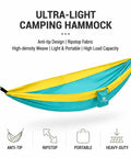 Ultra Lightweight Camping Hammock With 500 Lb Capacity And Tree Straps for travel backpacking and hiking, anti-tip ripstop design.