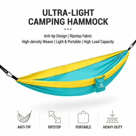 Ultra Lightweight Camping Hammock With 500 Lb Capacity And Tree Straps for travel backpacking and hiking, anti-tip ripstop design.