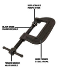 Brute Force C Clamp Heavy Duty With Seven And Three Quarters Inch Opening Two And Five Eighths Inch Throat Twelve Thousand Five Hundred Pounds Clamping Force Model 108 With Swivel Perma Pads And Full Length Square Spindle Built To Last showing black oxide coated spindle and Perma-Pads.