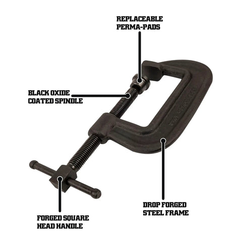 Brute Force C Clamp Heavy Duty With Seven And Three Quarters Inch Opening Two And Five Eighths Inch Throat Twelve Thousand Five Hundred Pounds Clamping Force Model 108 With Swivel Perma Pads And Full Length Square Spindle Built To Last showing black oxide coated spindle and Perma-Pads.