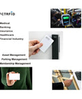 Commercial images showcasing RFID card usage in various industries like healthcare and transportation.