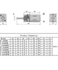 Technical diagram of a compact 12 volt high torque gear motor with a 3mm shaft and metal gears, showing dimensions and specs.