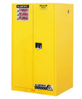 Industrial Grade Kickass 60 Gallon Flammables Storage Cabinet Featuring Bulletproof Manual Close Doors For Code Compliant Gasoline And Solvent Safety Bright Yellow Steel Build in workshop.