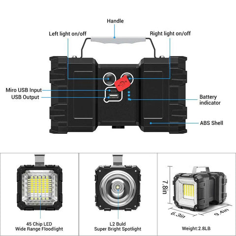 Beast Mode Ultra Bright Rechargeable Spotlight Flashlight 20000mAh 4000LM With diagram of LED modes and features