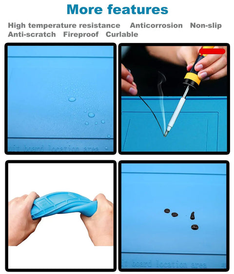 Pro Grade Heat Resistant Soldering Mat 932F Silicone Anti Static Magnetic Electronic Repair Work Surface in use, close-up.