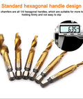 Six Piece Titanium Drill Tap Bit Set With 1/4 Inch Hex Shank For Metric M3 To M10 Taps And Countersink Bits, HSS 4341 High Speed Steel