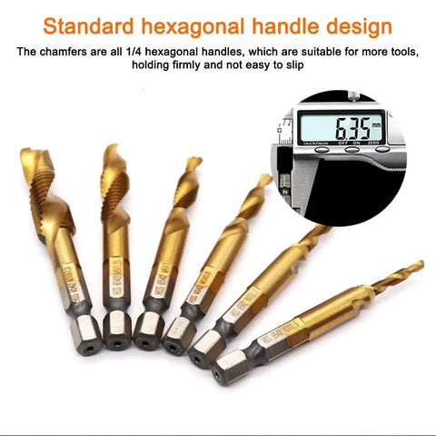 Six Piece Titanium Drill Tap Bit Set With 1/4 Inch Hex Shank For Metric M3 To M10 Taps And Countersink Bits, HSS 4341 High Speed Steel